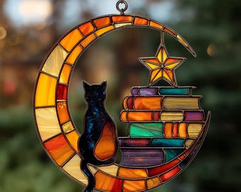 Cat Moon Acrylic Suncatcher, Book Stack Hanging Decor, Handmade Glass Ornament, Night Sky Cat Lover Gift, Unique Window Hanging Art