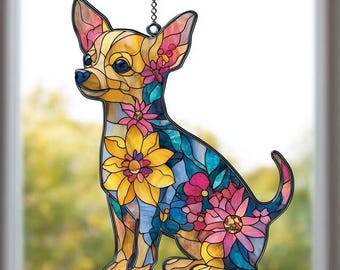 Floral Chihuahua Acrylic Suncatcher Decoration for Dog Lovers and Pet Memorial Display