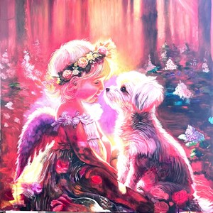 Angel and Puppy Canvas Print: Dog Lover Friendship Art