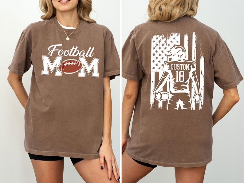 A woman wearing a brown t-shirt with the text "Football Mom" printed on it, along with an image of a football player.