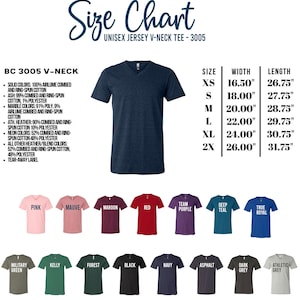 The image is a size chart for a unisex v-neck t-shirt, featuring a variety of different sizes and colors.