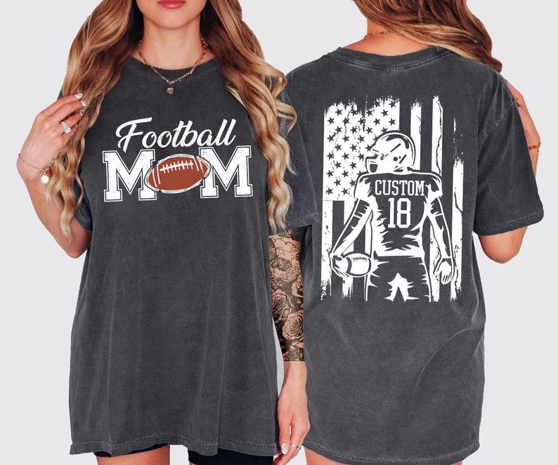 A woman wearing a grey t-shirt with the text "Football Mom" printed on it, along with an image of a football player.