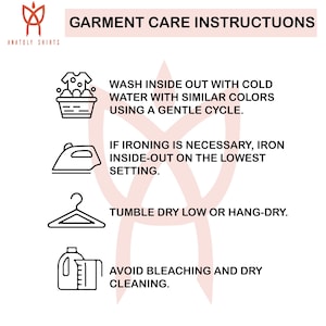 a set of care instructions for garments, including washing, ironing, hanging, and drying.
