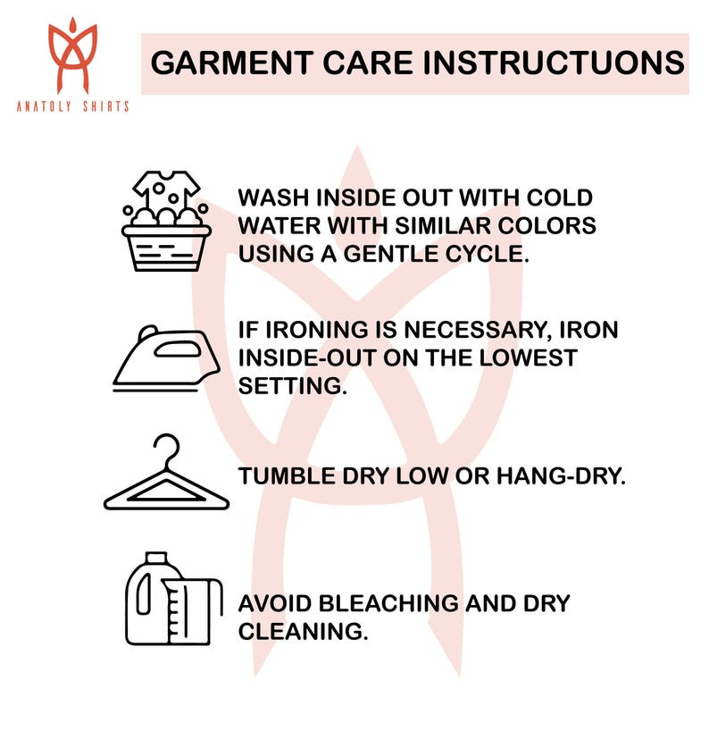 a set of care instructions for garments, including washing, ironing, hanging, and drying.