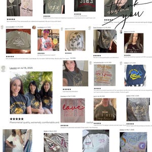 a collage of various T-shirt designs and images, including people wearing T-shirts, images of T-shirts, and a few T-shirt designs. The text in the image is too small and numerous to transcribe individually, but it appears to be a collection of images and descriptions related to T-shirt designs and customer feedback.