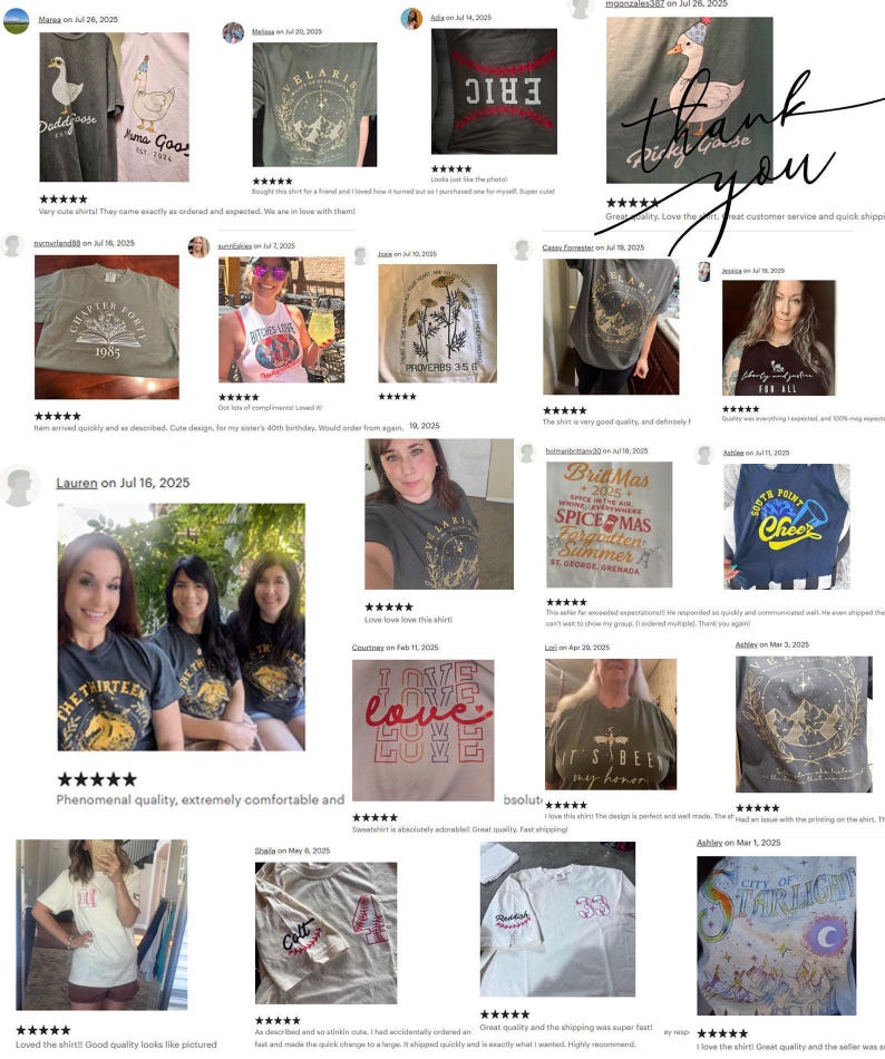 a collage of various T-shirt designs and images, including people wearing T-shirts, images of T-shirts, and a few T-shirt designs. The text in the image is too small and numerous to transcribe individually, but it appears to be a collection of images and descriptions related to T-shirt designs and customer feedback.