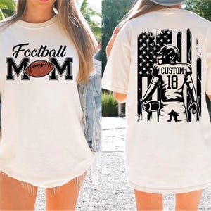 A woman wearing a white t-shirt with the text "Football Mom" printed on it, along with an image of a football player.