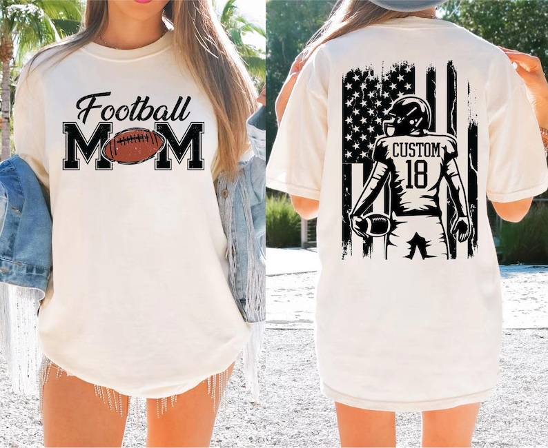 A woman wearing a white t-shirt with the text "Football Mom" printed on it, along with an image of a football player.