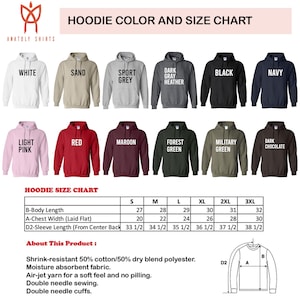 The image is a color and size chart for hoodies, displaying various color options and corresponding sizes.