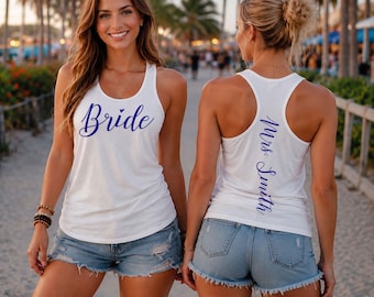 Camiseta sin mangas estilo racerback personalizada para novia: texto personalizado, camiseta con cuello en V para despedida de soltera, ana1890