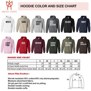 The image is a color and size chart for hoodies, displaying various color options and corresponding sizes.