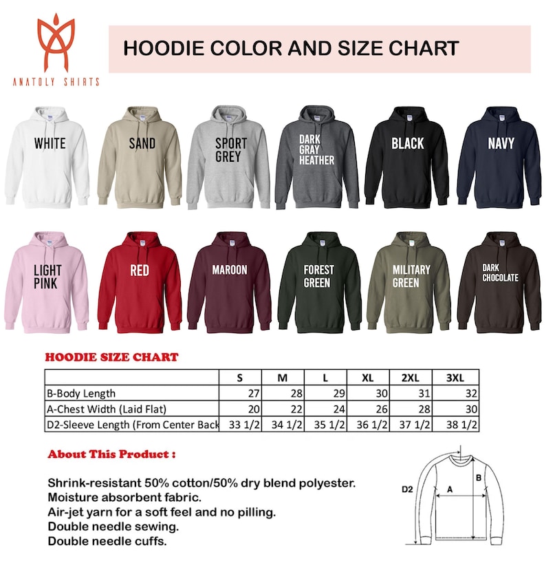 The image is a color and size chart for hoodies, displaying various color options and corresponding sizes.