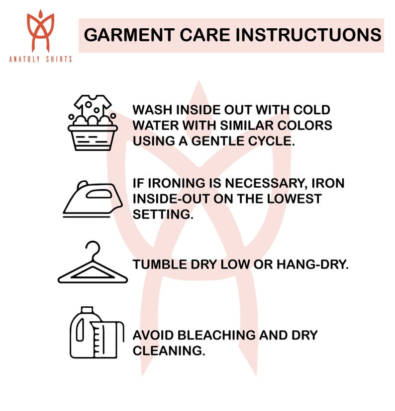 a set of care instructions for garments, including washing, ironing, hanging, and drying.
