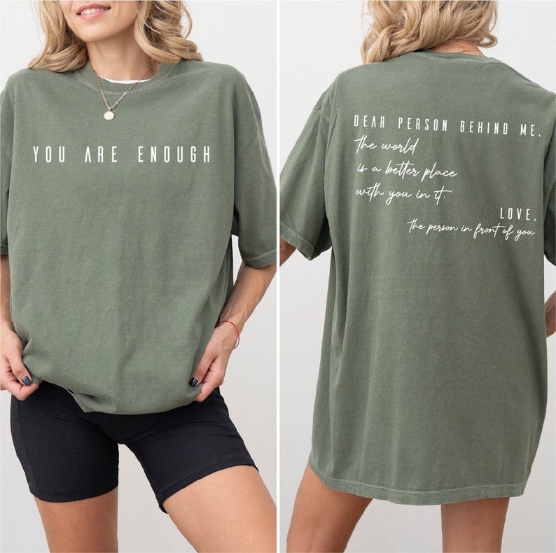 The image is a collage of two photos of a woman wearing a green t-shirt with a motivational message printed on the back.