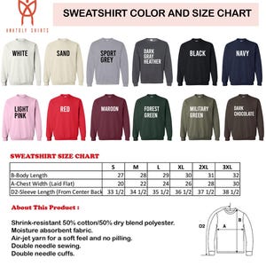 The image is a color and size chart for a collection of sweatshirts, including various colors and sizes.
