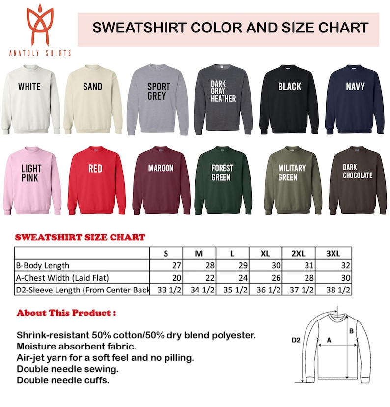 The image is a color and size chart for a collection of sweatshirts, including various colors and sizes.