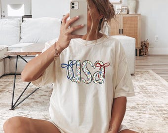 Comfort Colors Coquette USA Shirt,4th of July Shirt,Stars Stripes USA Flag Shirt, Floral Patriotic Shirt, Red White Blue Shirt,ana1745