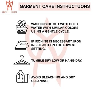 a set of care instructions for garments, including washing, ironing, hanging, and drying.