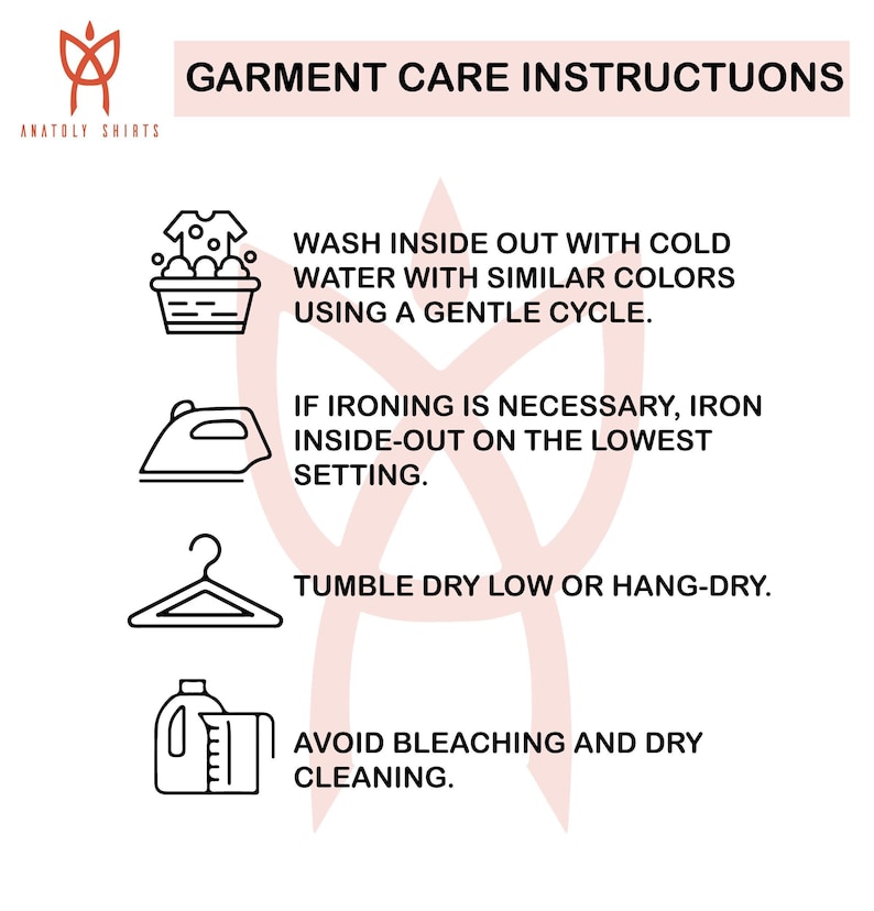 a set of care instructions for garments, including washing, ironing, hanging, and drying.