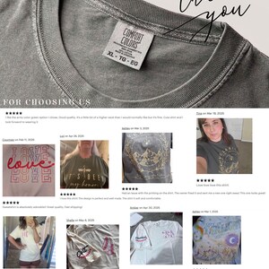 The image is a collage of various images featuring a grey t-shirt with a label, a woman wearing a grey t-shirt with a gold design, and several other images of t-shirts and clothing items.