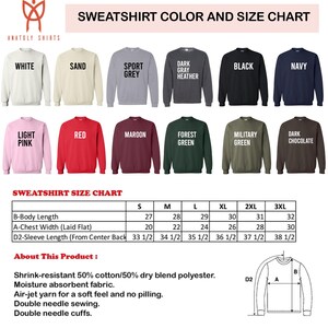 The image is a color and size chart for a collection of sweatshirts, including various colors and sizes.