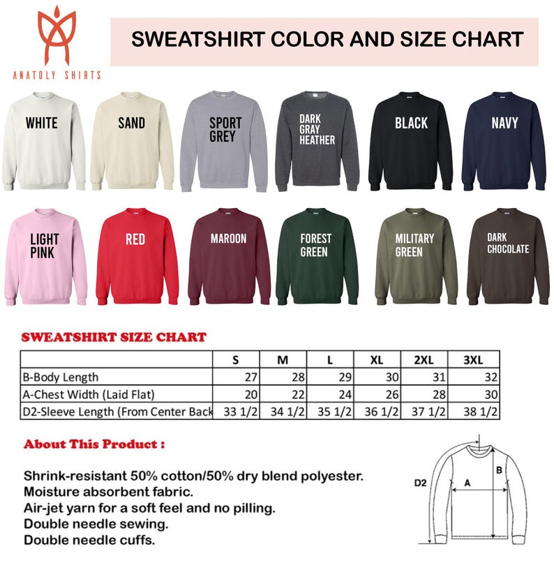 The image is a color and size chart for a collection of sweatshirts, including various colors and sizes.