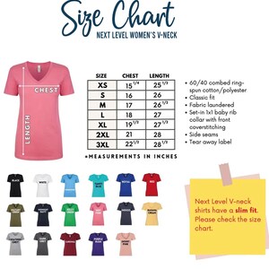 The image is a size chart for women's v-necks, showing the measurements and corresponding shirt styles in inches.