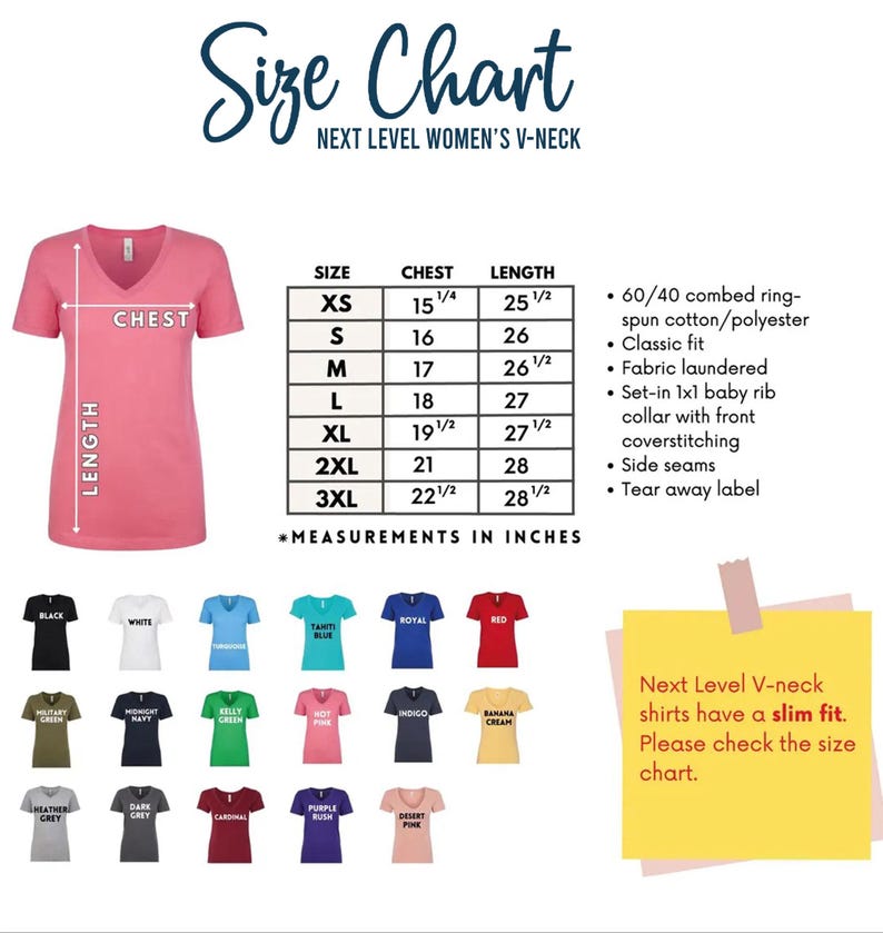 The image is a size chart for women's v-necks, showing the measurements and corresponding shirt styles in inches.
