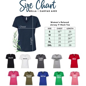 The image is a size chart for women's relaxed jersey v-neck t-shirts. It includes a navy blue v-neck t-shirt and a variety of other t-shirt colors, along with their corresponding chest and length measurements.