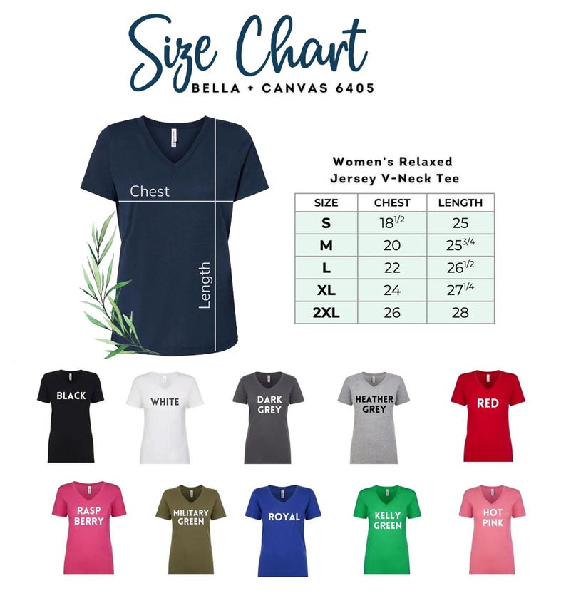The image is a size chart for women's relaxed jersey v-neck t-shirts. It includes a navy blue v-neck t-shirt and a variety of other t-shirt colors, along with their corresponding chest and length measurements.