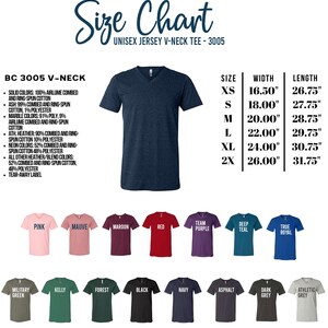 The image is a size chart for a unisex v-neck t-shirt, featuring a variety of different sizes and colors.