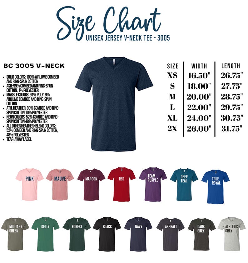 The image is a size chart for a unisex v-neck t-shirt, featuring a variety of different sizes and colors.