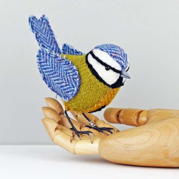 Tweed Fabric Bird Sculpture, handmade figurine BLUE TIT - Made to Order