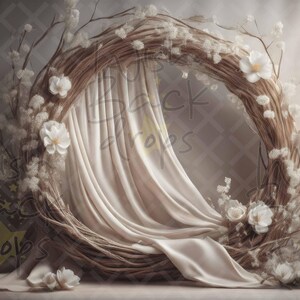 Rustic Cream Circle wiyh Flowers, 10 Digital Backdrops