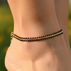 Elegant Dual-Layer Black Beaded Gold Plated Anklet | Ethnic Brass Chain Anklet for Women | Gift for Girlfriend, Dainty Anklet, Gift for Wife