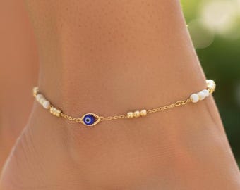 Gold Evil Eye Anklet, Blue Nazar Anklet Chain, Dainty Protection Anklet for Women, Minimal Boho Ankle Bracelet, Summer Beach Jewelry