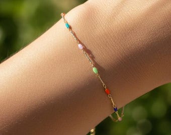 Dainty Gold Bracelet with Colorful Beads, Minimal Beaded Chain Bracelet for Women, Delicate Everyday Jewelry, Valentine Gift for Girlfriend
