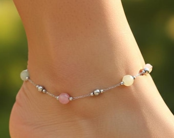 Gemstone Beaded Anklet for Women, Delicate Silver Chain Anklet, Gemstone Ankle Bracelet, Boho Summer Anklet, Dainty Everyday Jewelry Gift