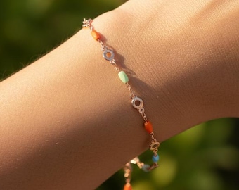 Tiny Multicolor Bead Bracelet, Delicate Rose Gold Bracelet for Women, Minimalist Bracelet Adjustable Bracelet, Layering Jewelry Gift for Her