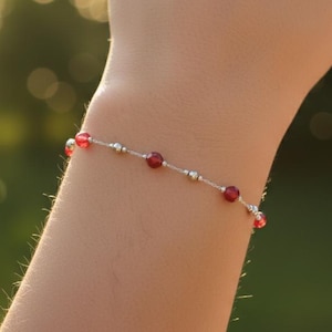 Red Gemstone Bracelet, Delicate Silver Chain Bracelet, Ruby Beaded Bracelet, Minimalist Bohemian Jewelry, Everyday Elegant Bracelet