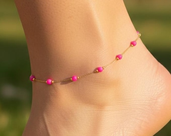 Pink Bead Anklet, Hot Pink Anklet for Women, Dainty Beaded Anklet, Cute Summer Anklet, Minimal Boho Beach Jewelry, Handmade Anklet Gift