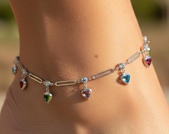 Silver Heart Charm Anklet, Multicolor Crystal Heart Anklet, Dainty Anklet for Women, Adjustable Beach Jewelry Gift, Dangling Heart Anklet