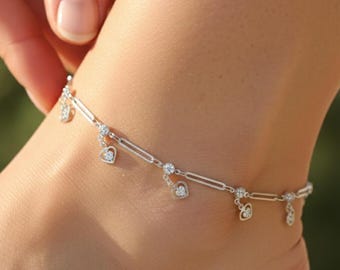 Crystal Detailing and Adjustable Chain Silver Heart Charm Anklet Delicate Foot Jewelry with Dainty Hearts & Sparkling Crystal Elegant Anklet