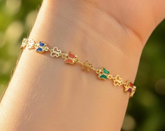 Colorful Butterfly Bracelet Gold Chain, Enamel Butterfly Charm Bracelet, Dainty Summer Bracelet for Her, Cute Boho Jewelry, Anniversary Gift