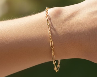 Gold Chain Bracelet, Paperclip Link Bracelet for Her, Modern Dainty Bracelet, Simple Everyday Jewelry, Stackable Gold Bracelet Birthday Gift