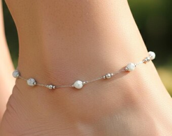 White Beaded Anklet, Silver Chain Anklet for Women, Minimalist White Howlite Beaded Ankle Bracelet, Dainty Boho Anklet Handmade Gift for Her