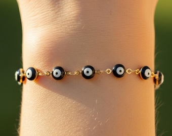 Black Obsidian Bead Bracelet, Gold Plated Turkish Evil Eye Nazar Protection Bracelet, Black Evil Eye Bracelet for Her, Christmas Gift