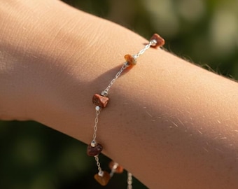 Handmade Gemstone Chip Bracelet, Stone Beaded Bracelet, Silver Chain Jewelry, Bohemian Bracelet for Her, Earth Tone Bracelet, Everyday Wear
