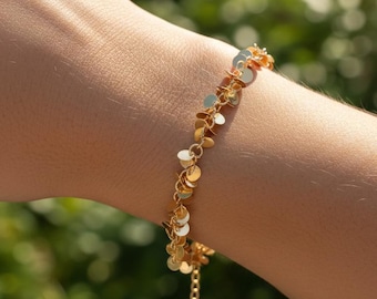 Gold Coin Charm Bracelet, Delicate Gold Chain Bracelet for Women, Minimalist Bracelet, Bohemian Jewelry, Stackable Bracelet, Birthday Gift