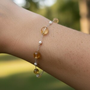 Boho Yellow Beaded Bracelet, Citrine Gem Bracelet, Dainty Silver Bracelet Stackable Bracelet Delicate Jewelry Gift for Her Handmade Bracelet
